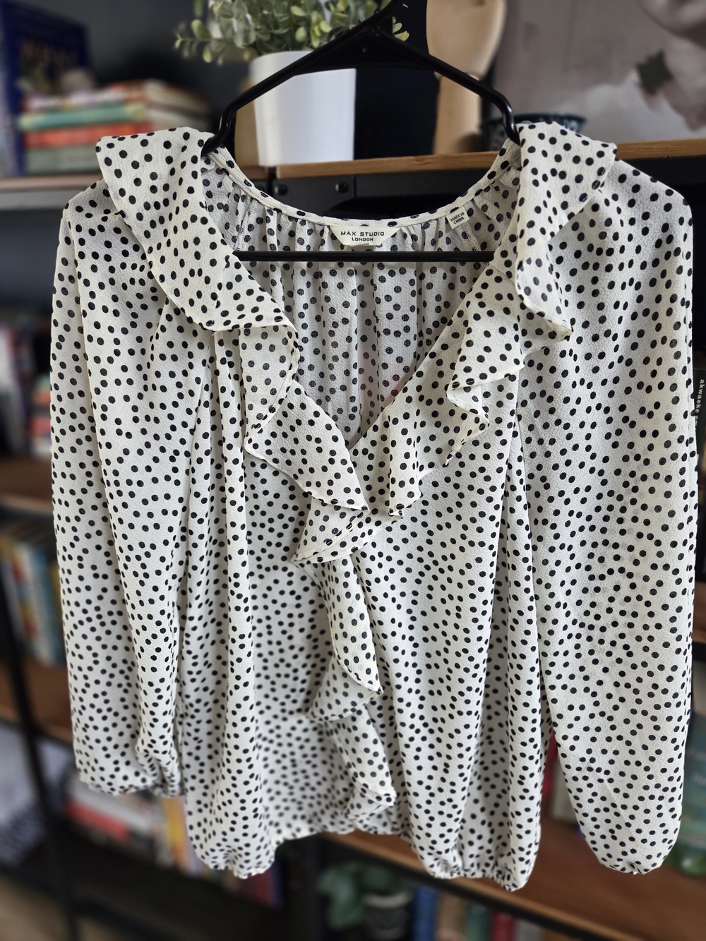 Max Studio Cream and Black Polka Dot Ruffle V-Neck Blouse